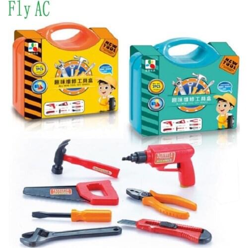 Fly AC 7-piece Tool Box Construction Tool Set, Pretend Play Construction Accessories - Gift Toy for Boys