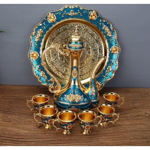 IMUWEN Golden and Blue Color Metal Wine Set/Tea Set Fashion Zinc Alloy Wine Set 1 Set= 1 Plate+ 1 Pot +6 Cups