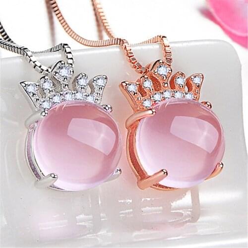 Dainty Female Pink Jade Pendant Necklace Rose Gold Silver Color Wedding Necklaces For Women Cute Crystal Crown Chain Necklace