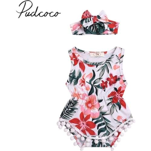 Pudcoco Newborn Baby Girl Flower Ruffle Bodysuit Jumpsuit+Headband Infant Girls Summer Clothes Sleeveless Two Piece Suit 0-18M