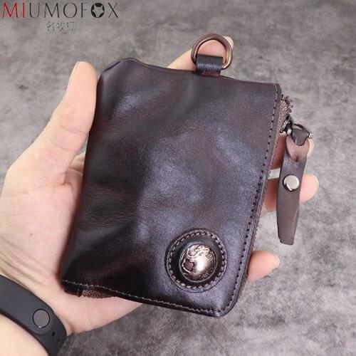 Genuine Leather Wallet Vintage Short Men Women Zip Slim Wallets Amekaji Coin Purse Small Money Bag with Coin Pocket Card Holder