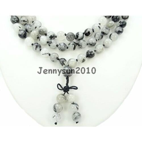Natural Tourmaline Qua-rtz 10mm Gems Stone Buddhist 108 Beads Prayer Mala Knot Necklace Multi-Purpose 5Strands/Pack