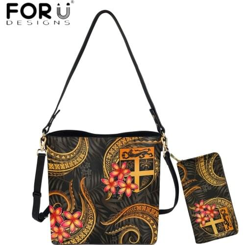FORUDESIGNS New Fashion Lady Shoulder Bag And Purse Set Fiji Polynesian With Plumeria 3D Print Women Party Luxury Bucket Bolsas