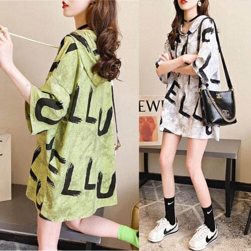 2020 summer new hooded t-shirt womens long section 2 Korean version short-sleeved loose half-sleeved top