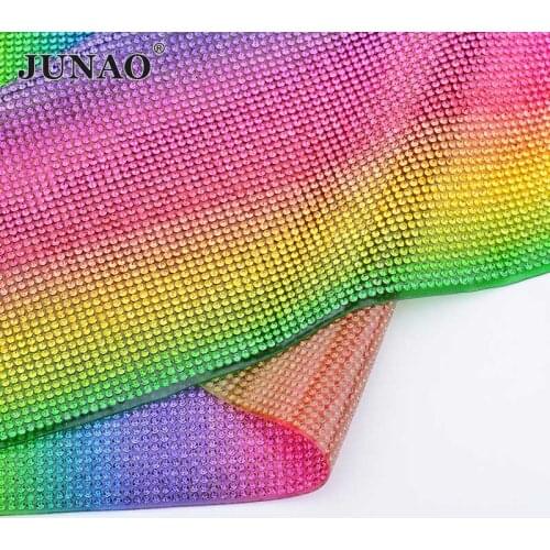 JUNAO 24x40cm Rainbow Crystal Fabric Self Adhesive Rhinestones Ribbon Glass Crystal Banding Beads Trim for DIY Jewelry Accessory