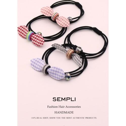 Sempli Elastic Bow-Knot For Women Crystal Beads Hair Band Kid Children Rubber Band Cotton Plaid Hair Accesorios para el cabello