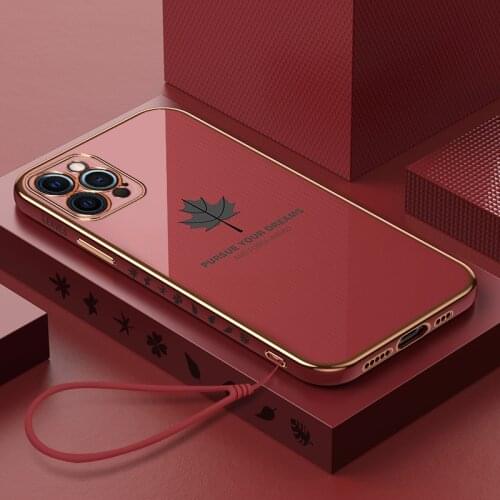 Luxury Cute Maple Leaf Square Plating Silicone Phone Case For iPhone 12 11 Pro XS max SE XR 8 7 6 Plus Ultra-thin Lanyard Cover