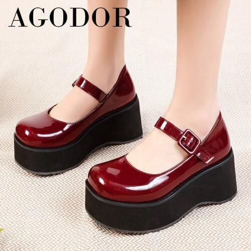AGODOR Patent Leather Mary Janes Shoes Women Platform High Heels Wedges Heel Dress Pumps Buckle Strap Ladies Footwear White 48