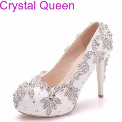 Sexy Pumps Wedding Women Fetish Shoes women pumps Party banquet PU Rhinestones Slip On 11CM Thin High Heels Round Toe white
