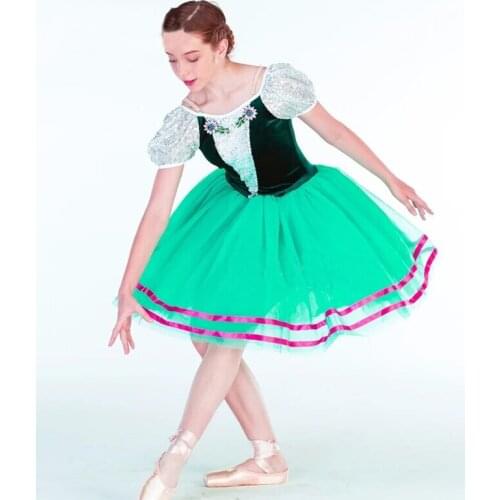 Green Ballet Tutu Skirt Ballet Competition Costume For Women ballet sleeping princess Waltz Garlan Girl Short Sleeves Dresses