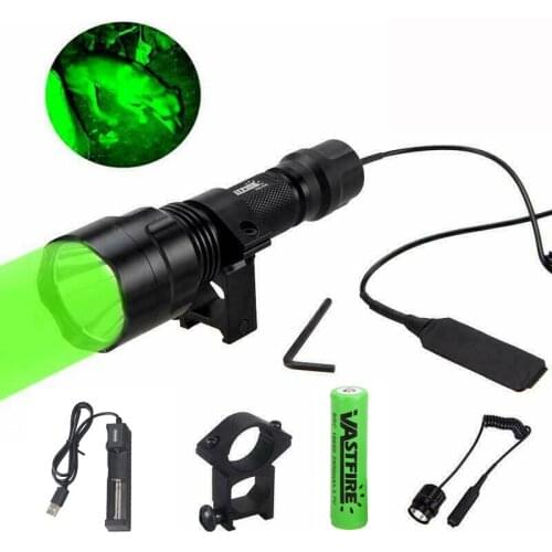Green Hunting Flashlight Waterproof Outdoor Hunting Shooting Torch +USB Charger+18650 Battery+Rifle Mount+Remote Switch
