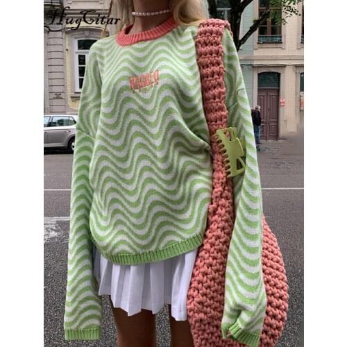 Hugcitar 2021 Long Sleeve Wave Print Oversized Baggy Sweartshirt Autumn Winter Women Fashion Streetwear Casual Clothings