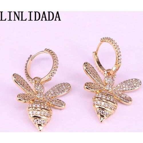 3Pair, Gold Color Fashion For Women Girls Jewelry Cz Cubic Zirconia insect shaped Dangle Earrings