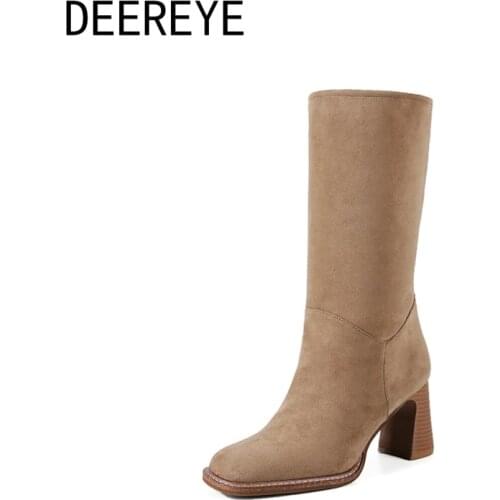 Comfortable Suede Mid-Calf Pile Buskin Boots Thick Heel Square Toe Slip On Dress Shoes Winter 2021 For Women Black Apricot