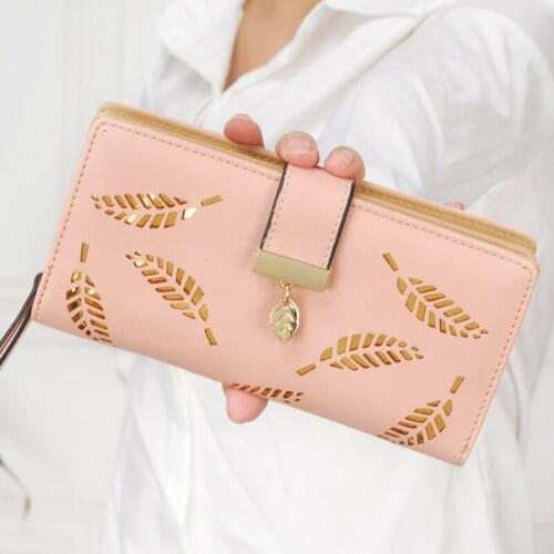 Womens Long Wallet PU Leather Gold Hollow Leaves Three Fold Ladies' Card Money Cellphone Clutch Bag Female Sweet Purse