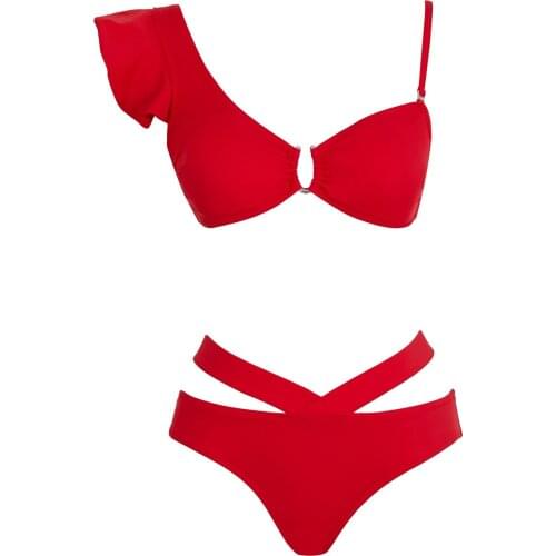 LOOK FOR YOUR WONDERFUL NIGHTS WITH ITS STUNNING ELEGANT UNDERWEAR Womens Red V-Neck Flounce Bikini Set FREE SHIPPING