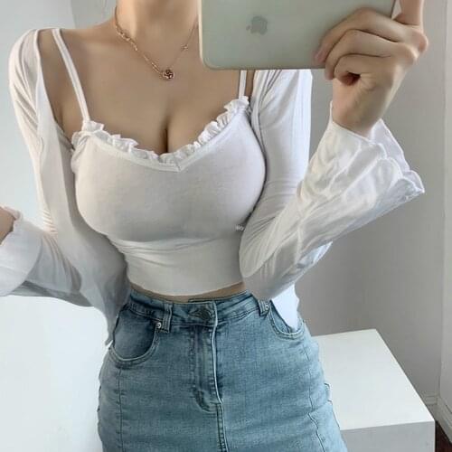 Europe Sweet Ruffle Slash Neck Low Chest Sexy Bottom Strap Lace Vest + Flare Sleeve Cardigan T-shirt Two Piece Set Women H88A