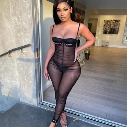 Mesh Jumpsuit Women Casual Sling Low Chest Jumpsuit Sleeveless See-through Bodycon Sexy Club Party Outfits Streetwear