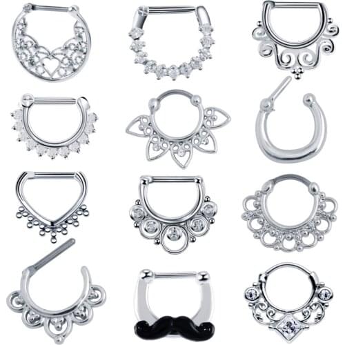 1PC Fashion Brass Tribal Fan Nose Septum Clicker Piercing Rings 16g CZ Gem Flower Earrings Septum Tragus Charming Jewelry