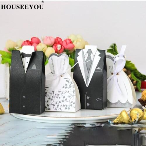 100PCS/Lot European Bride Groom Suit Dress Style Wedding Candy Box Portable Chocolate Bag for Guest Gift Party Supplies
