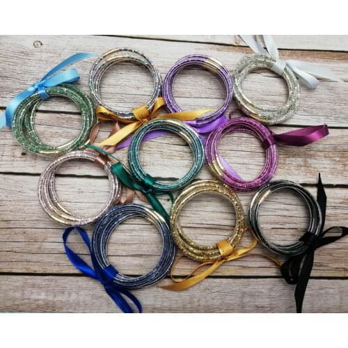Rainbow Glitter Fulled Glass Stack Silicon Circle Bracelets Bangles 5 pcs/ Set Bowknot Bangles for Woman Christmas Best Gift
