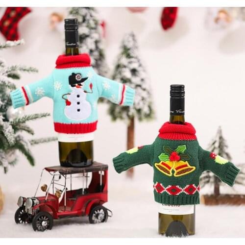 Handmade Wine Bottle Cover Christmas Pattern Holiday Decor Knitted Fabric Cartoon Garland Elk Wine Bottle Cover for Party