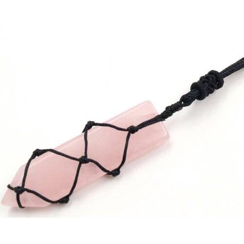 FYJS Unique Handmade Weave Wrap Natural Rose Pink Quartz Sword Shape Pendant Necklace for Women Jewelry
