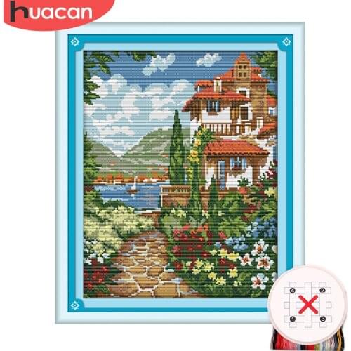 HUACAN Cross Stitch House Scenery Kit Needlework Embroidery Lake Landscape Sets White Canvas DIY Gift Home Decor 11CT 14CT