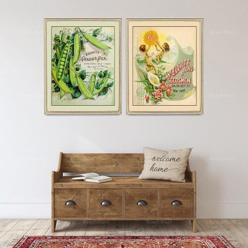 Farmhouse Wall Art, Rustic Antique Advertisements, Vintage Botanical Prints from the 1800s, Pea Pods, Set of 2 Giclee Prints, Or