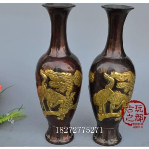 China Pure copper boutique collection carving The crane the pair vase
