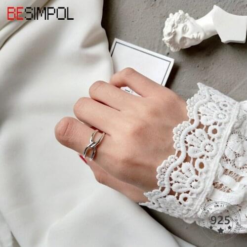 Besimpol Real s925 Sterling Silver Knotted Ring Elegant Vintage Adjustable Cross Open Rings For Women Fashion Fine Jewelry Gifts