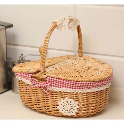Large Country Style Handmade Wicker Picnic Basket with Double Lids,Outdoor Shopping Storage Hamper,for Picnics Party BBQ
