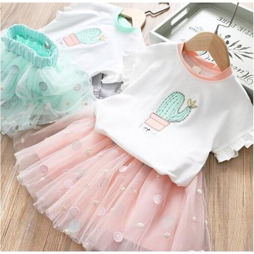 Girls Summer Clothes Baby Suit Short Sleeve Cactus T-shirt + Embroidered Tutu Skirt 2piece Sets Princess Outfit Clothing Cotton