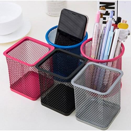 Round/Square Iron Mesh Pen Holder Office Desktop Pencil Stationery Box Case Office student stationery desktop storage pen holder