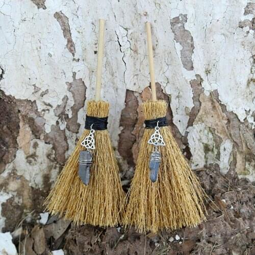 Mini Witch Broom Dust Removal Broom Wicca Celtic Pentagram Witchcraft Accessories Raw Crystal Wicca Altar Broom