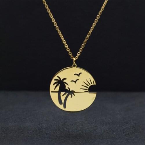 Minimalist Jewelry Stainless Steel Gold Chain Sunrise Sea Level Coconut Tree Choker Pendant Necklace Best Friends Colar Femme
