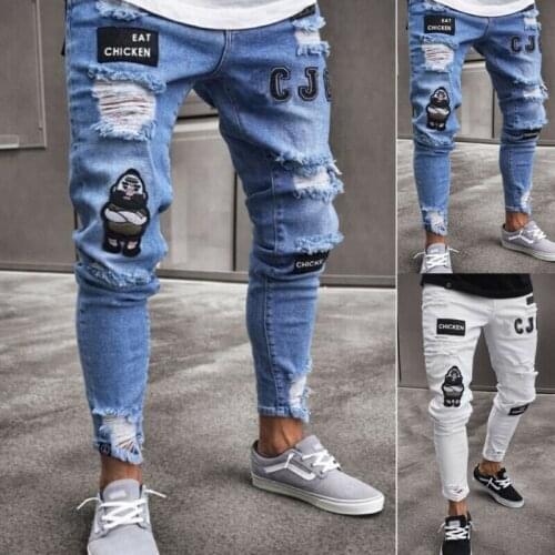 Men Jeans Stretchy Skinny Biker Letter Print Fashion Hole Slim Denim Trousers Male Casual Destroyed Frayed Hot Sale Streetwear