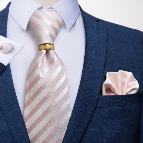 DiBanGu New Fashion Mens Necktie Pink Striped 100% Silk 1200 Pin Formal Wedding Party Tie Hanky Cufflinks Gold Ring Set