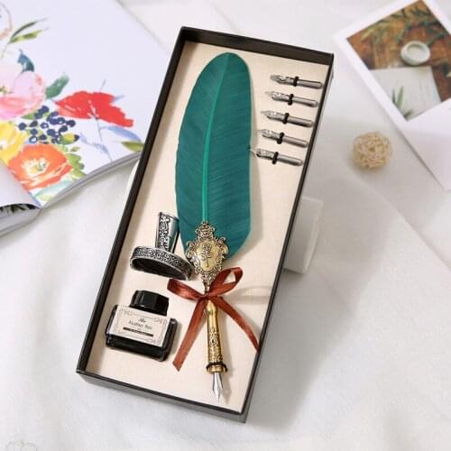 Student use British European style set feather pen, ink alloy oblique mouth pen socket commemorative business gift