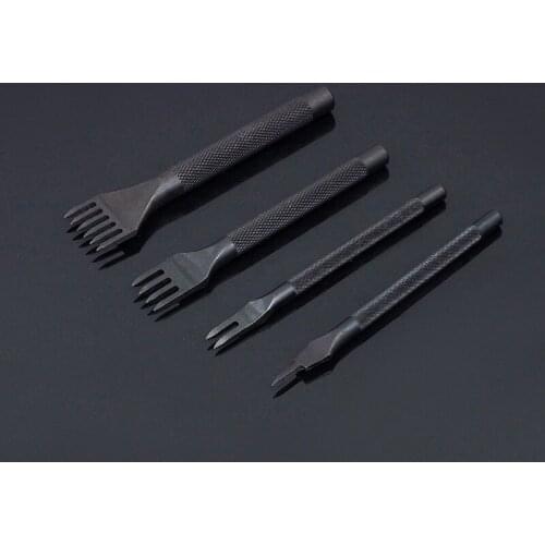 4 PCS Set Leathercraft 1/2/4/6 Prong 4mm 4/25 Inch Chisel Leather Craft Tools Hole Punch,DIY Lacing Stitching Perforate Black