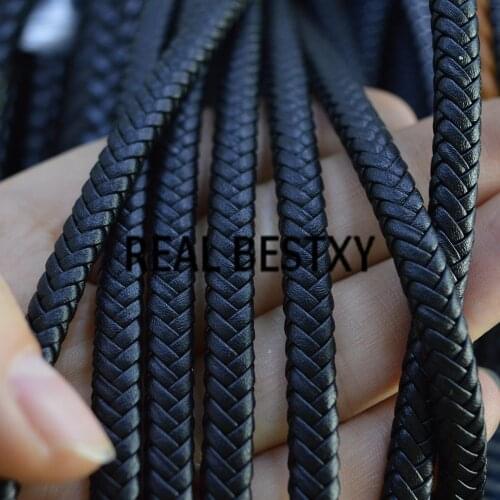 REAL BESTXY 5m/lot 6*4mm black flat wrapped braid Leather Strands, super fiber knitting Leather Cord bracelet making DIY