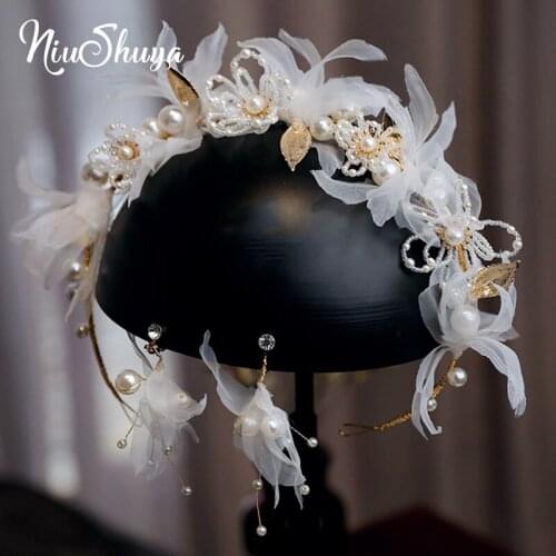 NiuShuya Handmade Flower Bridal Headbands Gold Leaf Brides Hairbands Tiaras Wedding Crystal Hair Accessories