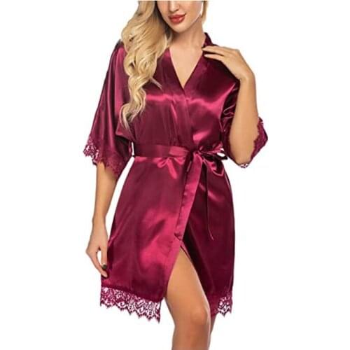New Hot Sexy Lingerie Plus Size Satin Lace Black Kimono Intimate Sleepwear Robe Sexy Night Gown Women Erotic Underwear 2020