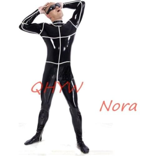 New sexy exotic male handmade customize Latex Catsuit Black White trimzentai cekc fetish Bodysuits Back Zipper lingerie for men