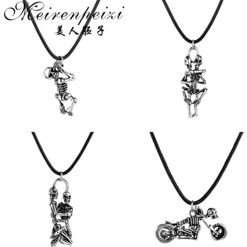 New Europe And America Punk Style Vintage Motorcycle Skull Model Pendant Necklace For Men Cool Leather Chain Necklace