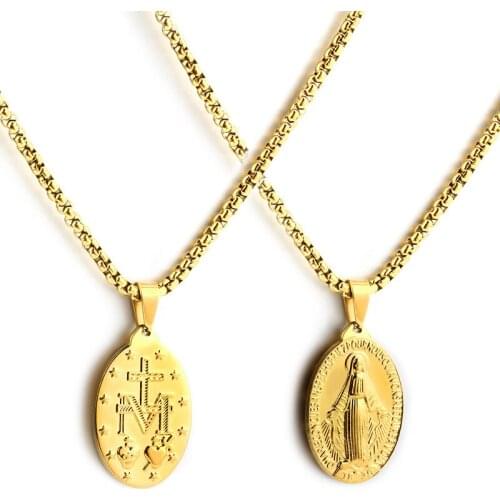 Stainless Steel Virgin Mary Pendants Gold Tone Religious Square Necklace for Men Women Hip Hop Necklaces Jewelry Christian Gifts