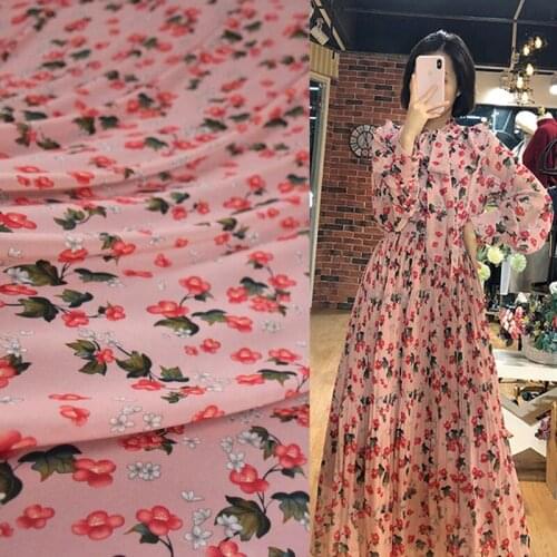 Half Meter Elegant Pink Flower Print Chiffon Fabric For Dress Shirt Ladys Garment Handmade DIY Material Thin Soft T1641