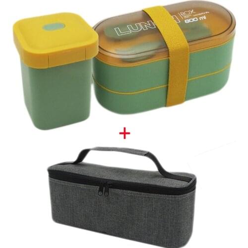 1-2L Portable 2-Layer Healthy Bento Box Microwave Lunch Box Soup Cup Combo Set Student Lunch Box With Cutlery Insulation Bag
