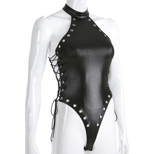 Backless Cross Lace-up Rivet Sexy Hollow Out Bodysuit Women Sleeveless Slim Bodysuit Women Romper Summer Lace up Skinny Spandex