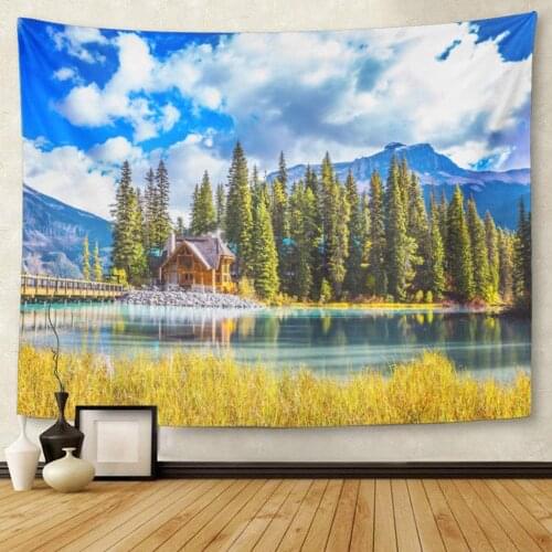 Blue Landscape Bridge Over Emerald Lake Camping and Coniferous Forest Yoho National Park Canada Green Tapestry Wall Hanging